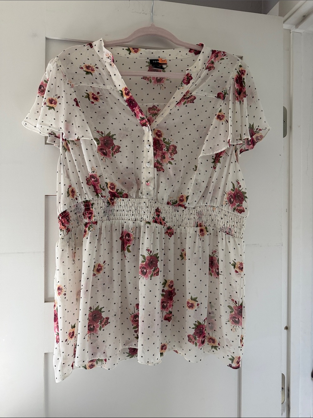 torrid White Floral & Polka Dot V-Neck Smocked Blouse